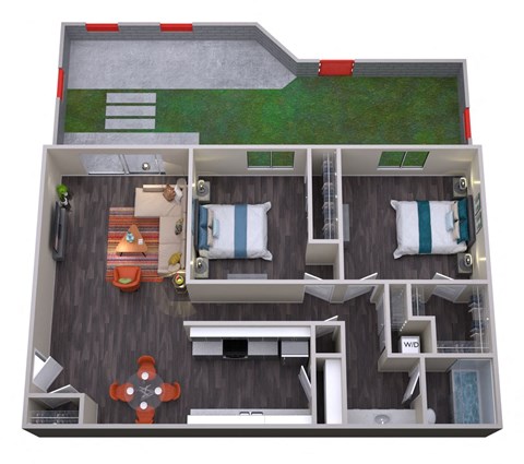 Floor plan for 2 beds, 1 bath, 725 sqft